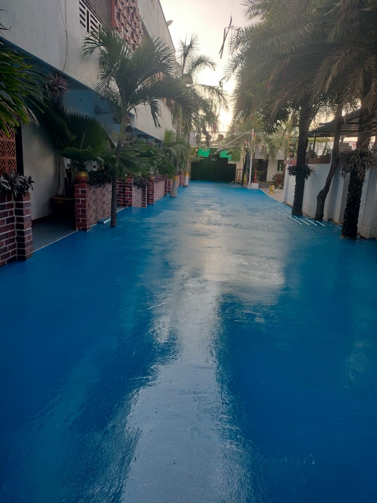 The same palm-lined walkway after waterproofing, the floor finished in a glossy blue coating from the brick planters to the green gate.