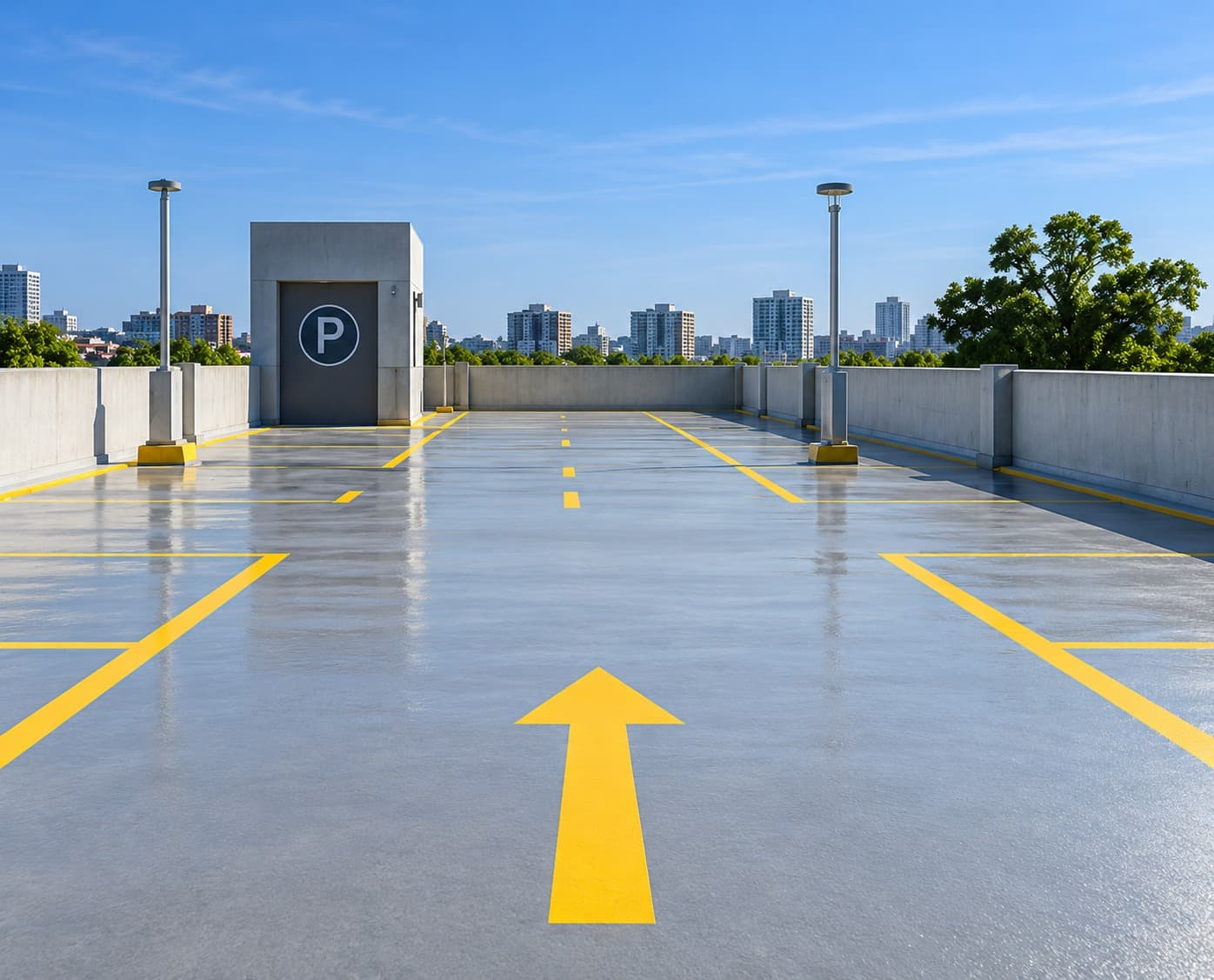 A finished grey car park deck on a rooftop level with yellow directional and bay markings, a city skyline visible beyond the parapet.