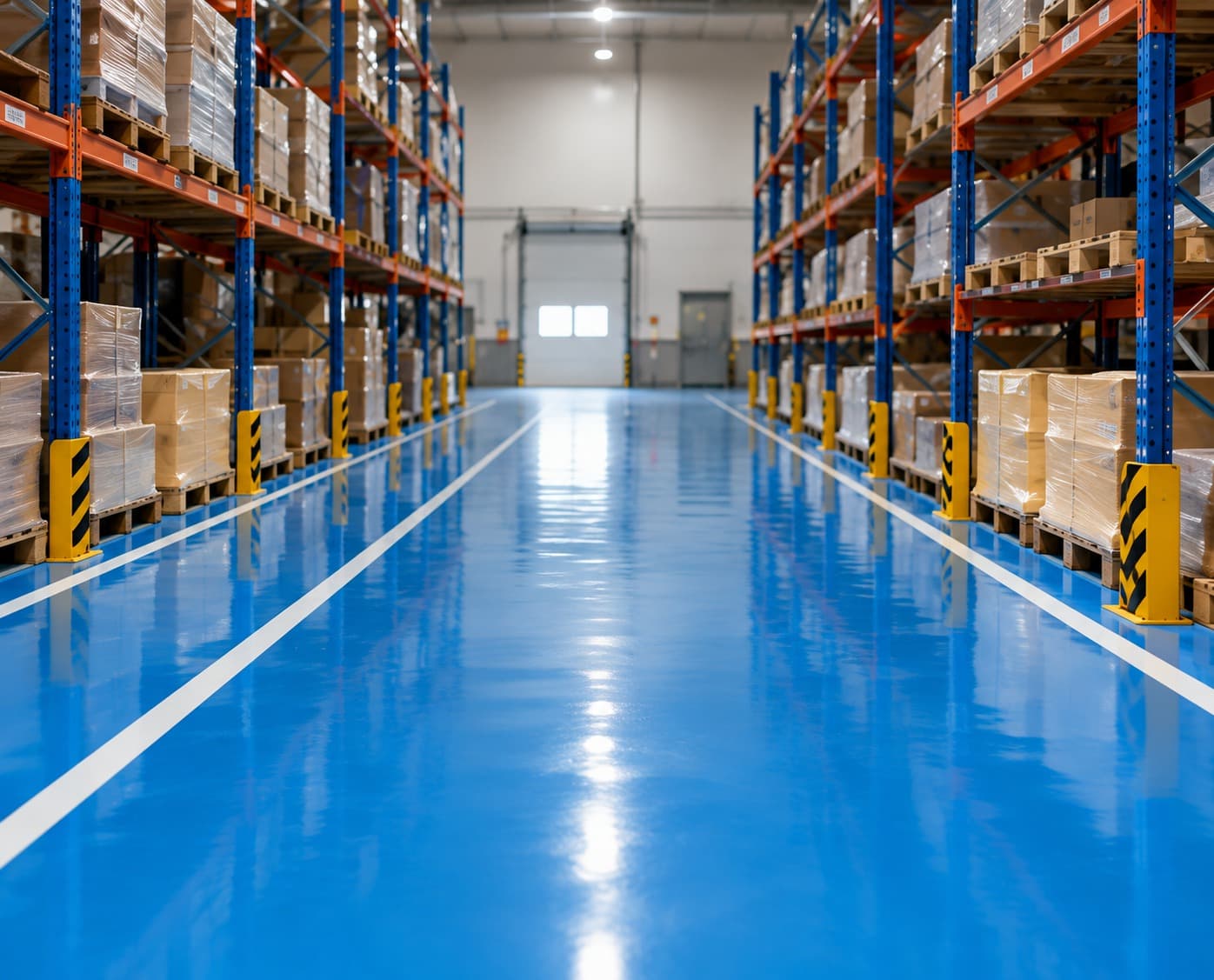 A finished blue epoxy floor with white aisle marking in a distribution warehouse, running between tall pallet racking with hazard-striped corner guards.