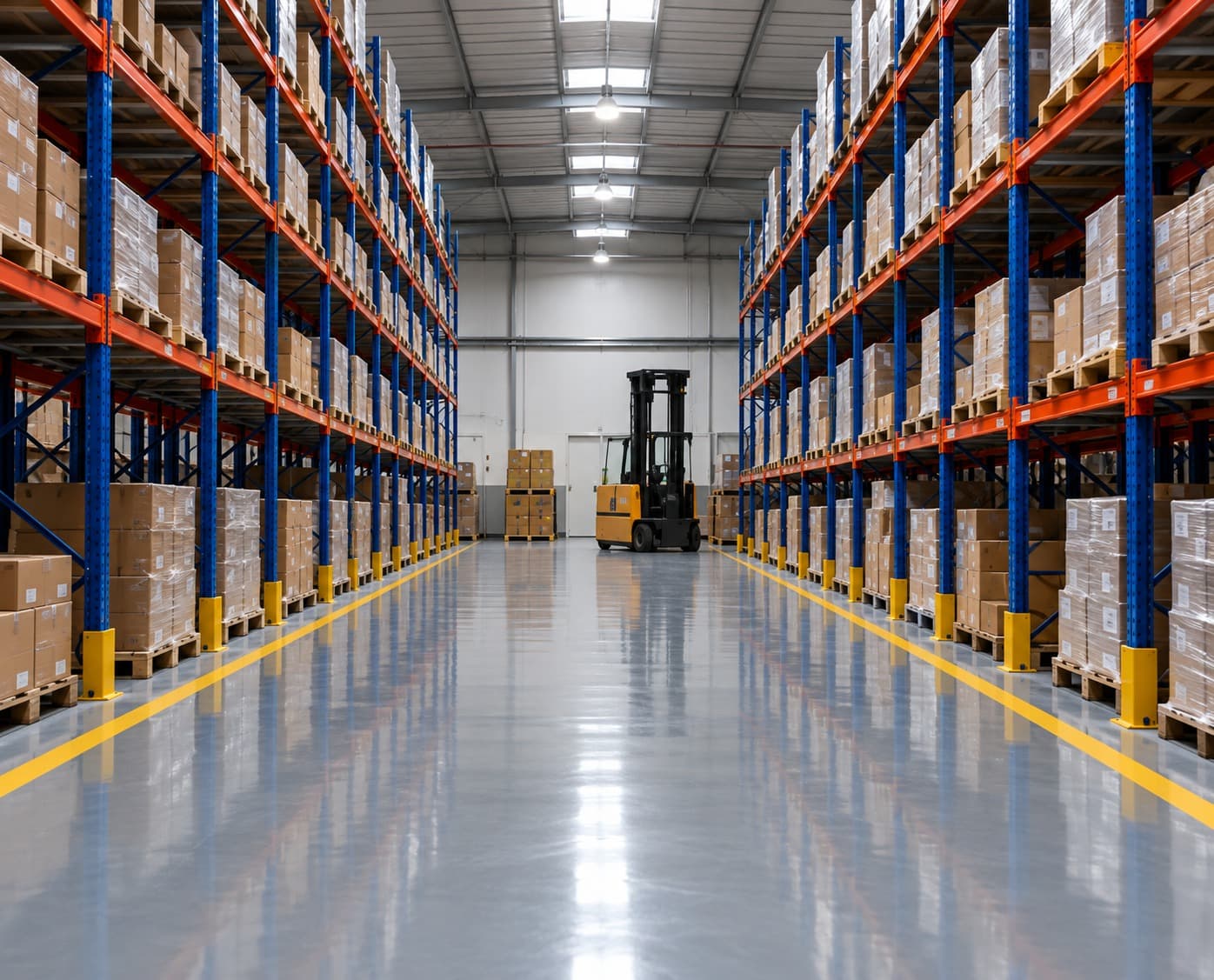 A finished grey resin floor with yellow aisle marking in a warehouse, running between tall pallet racking with a forklift parked at the far end.
