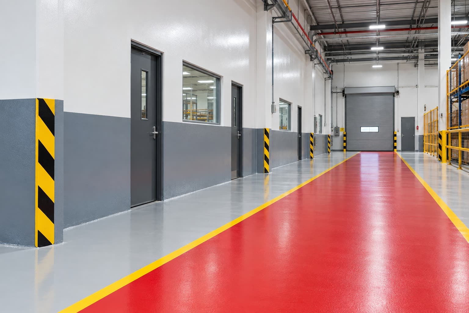 A finished red and grey epoxy floor corridor inside an industrial facility, with yellow and black hazard-striped columns and a row of doors along one wall.