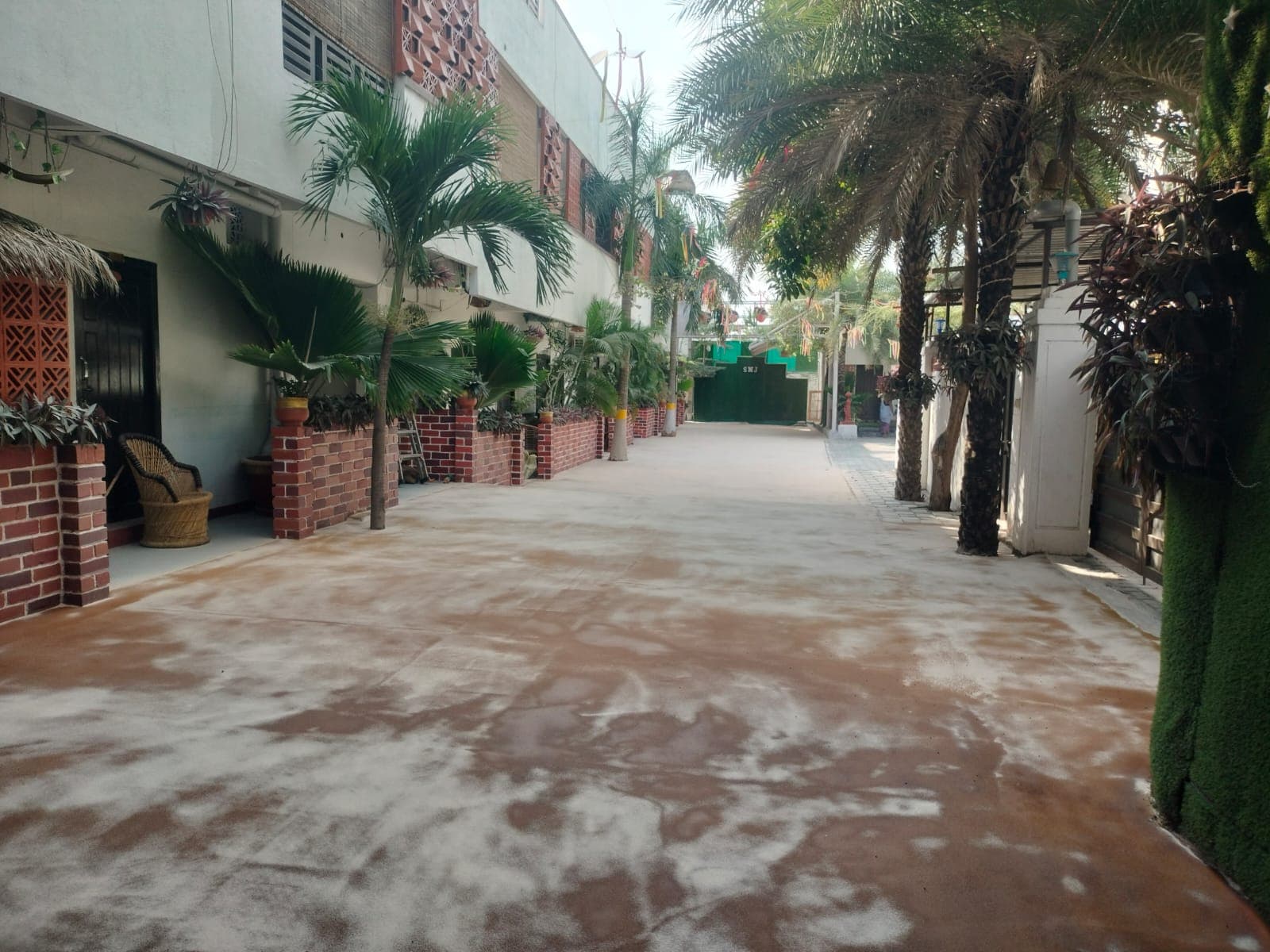 A palm-lined walkway before waterproofing: bare concrete, stained and patchy, running between brick planters towards a green gate.