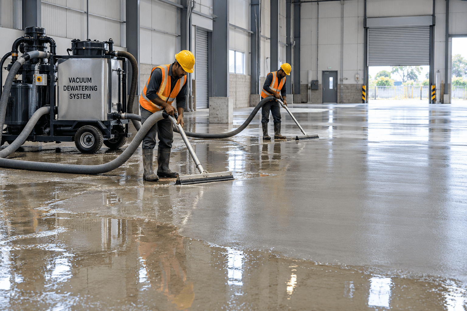 Two operatives in hi-vis vests and hard hats drawing water off a freshly laid concrete slab with suction mats, the hoses running back to a wheeled vacuum dewatering unit standing on the wet floor of a new shed.