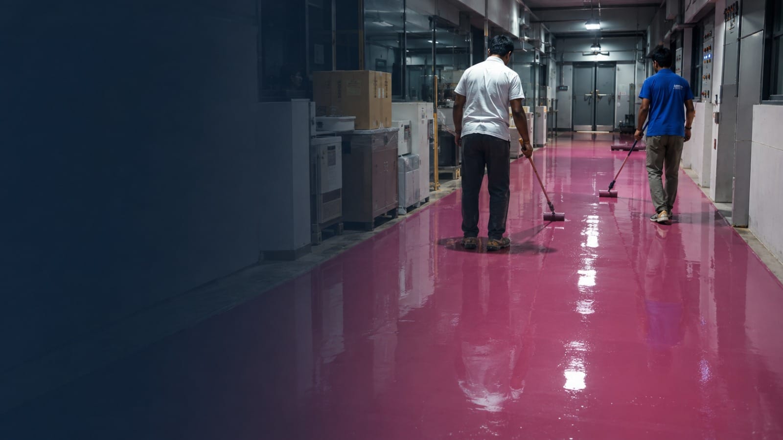 Two applicators rolling a bright pink epoxy coating along a corridor inside a working facility, the wet floor reflecting the ceiling lights, with equipment cabinets on one side and electrical panels on the other.