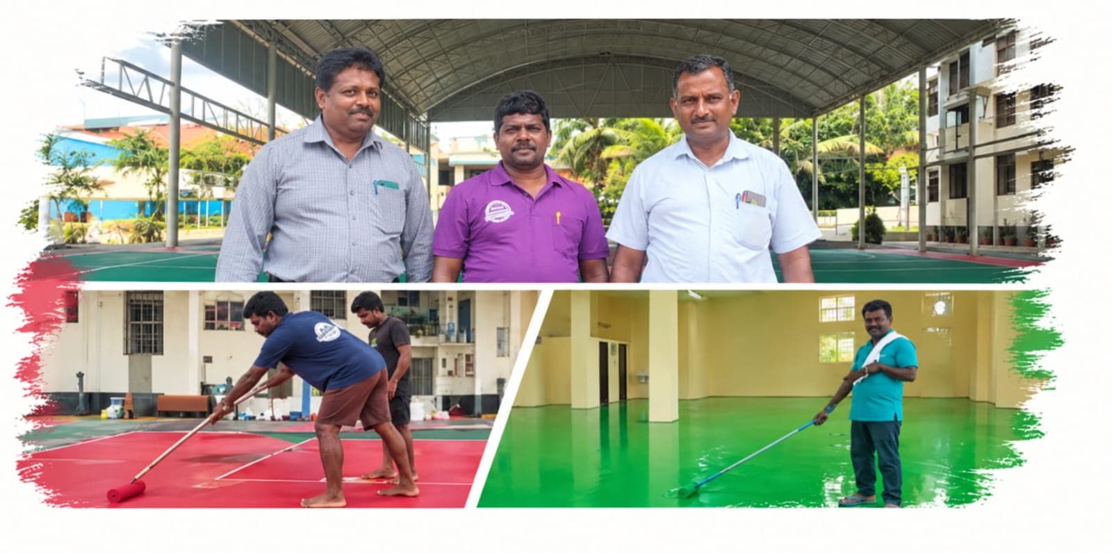 Three panels: three men standing together on a covered sports court finished in green and red coating; two men rolling red sports floor coating across a hall; and a man rolling green floor coating across a room in a bare building.
